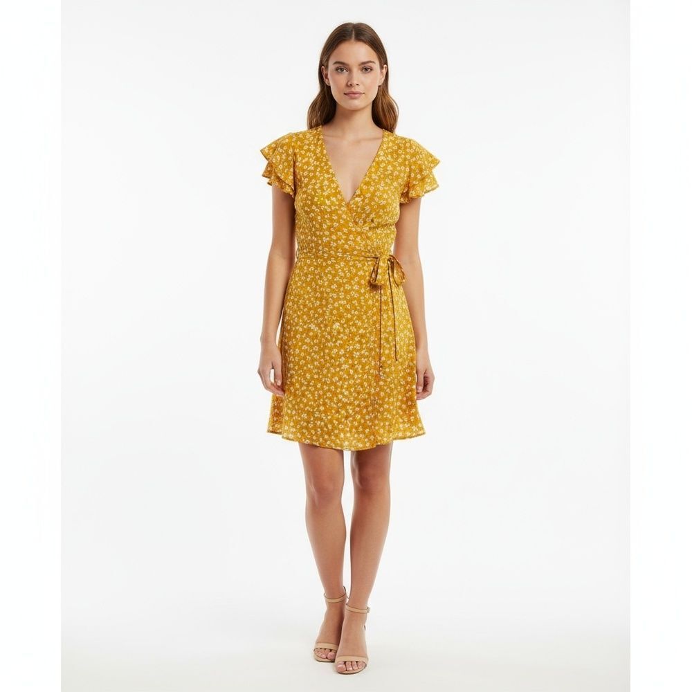 Harper Women's Wrap Dress Mustard Yellow Floral V-Neck Ruffle Sleeve Size M